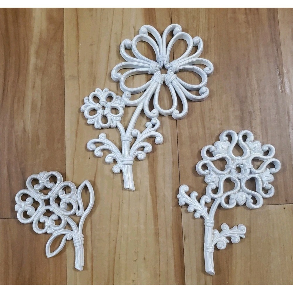 Vintage Homco Wall Decor White Floral Syroco Plaques 7360 Set of 3
